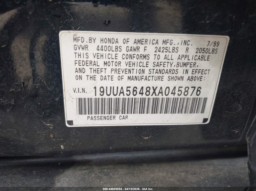 1999 Acura Tl 3.2 VIN: 19UUA5648XA045876 Lot: 44885554