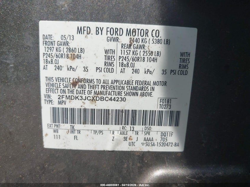 2013 Ford Edge Sel VIN: 2FMDK3JCXDBC44230 Lot: 44885561