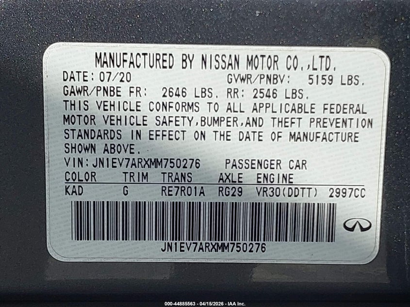 2021 Infiniti Q50 Pure Awd VIN: JN1EV7ARXMM750276 Lot: 44885563