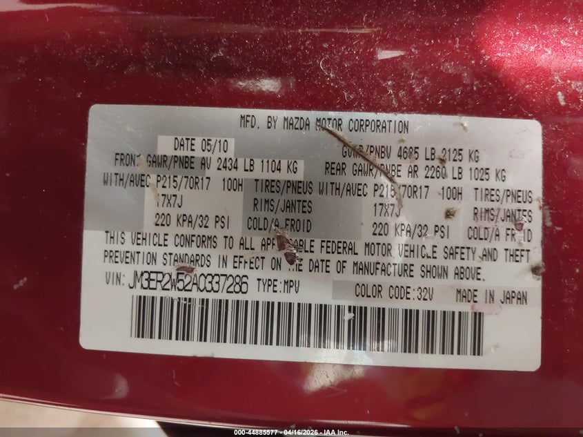 2010 Mazda Cx-7 I Sport VIN: JM3ER2W52A0337286 Lot: 44885577