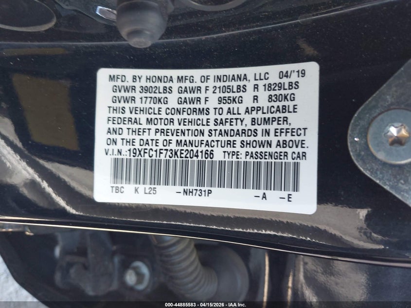 2019 Honda Civic Ex-L VIN: 19XFC1F73KE204166 Lot: 44885583