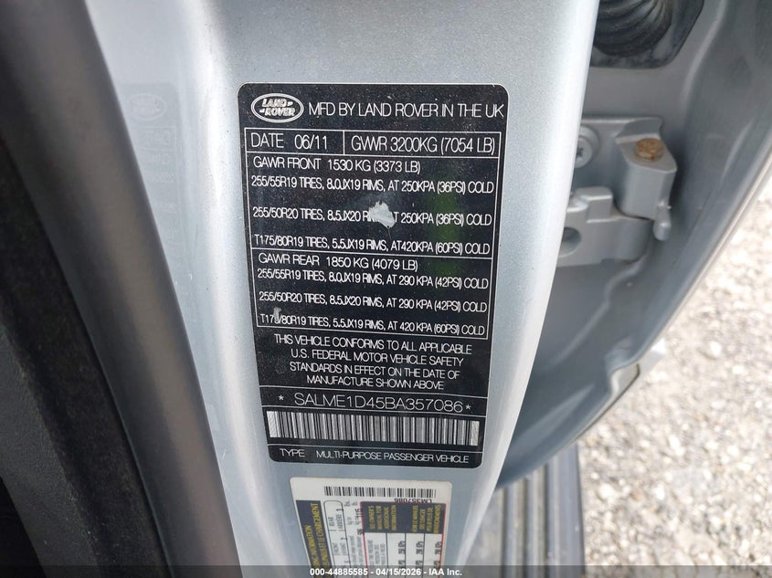 2011 Land Rover Range Rover Hse VIN: SALME1D45BA357086 Lot: 44885585