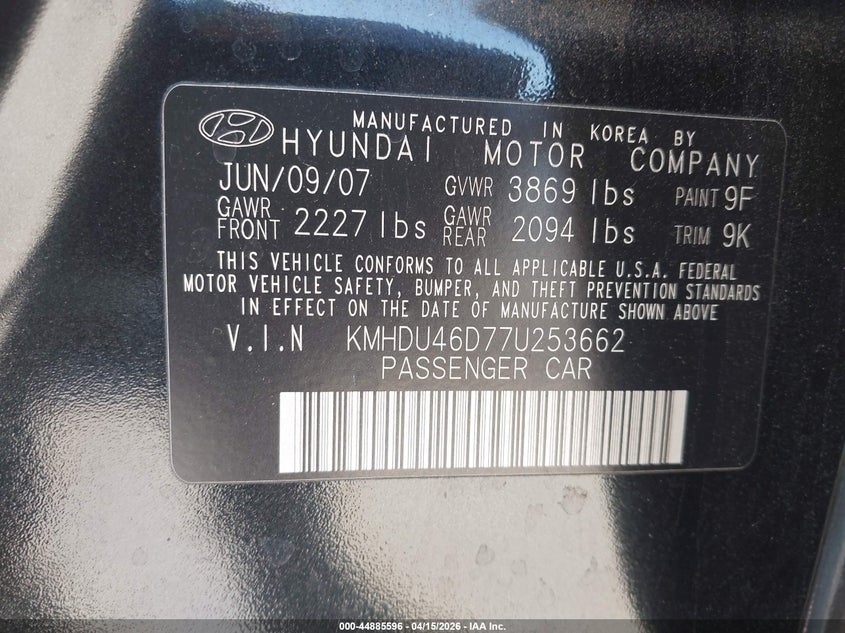 2007 Hyundai Elantra Gls/Limited/Se VIN: KMHDU46D77U253662 Lot: 44885596