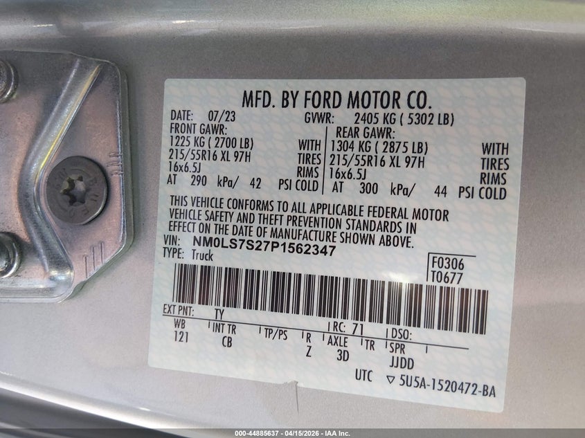 2023 Ford Transit Connect Xl VIN: NM0LS7S27P1562347 Lot: 44885637