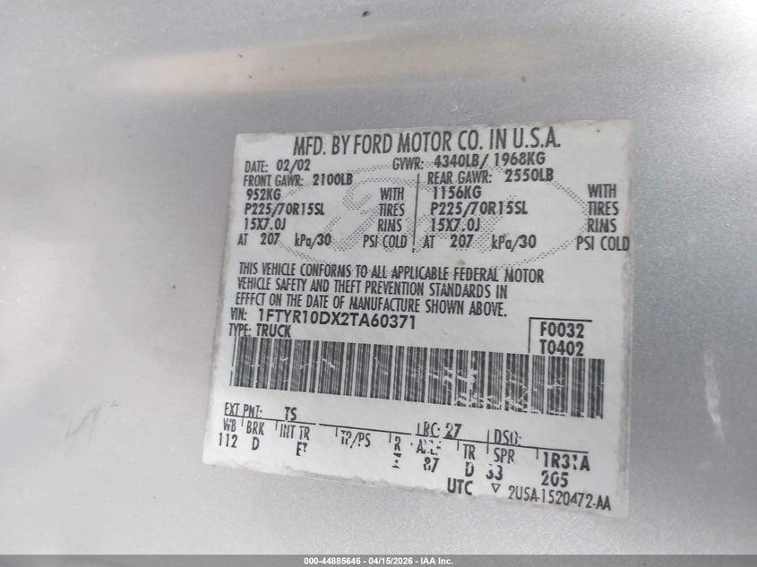 2002 Ford Ranger Xl/Xlt VIN: 1FTYR10DX2TA60371 Lot: 44885646