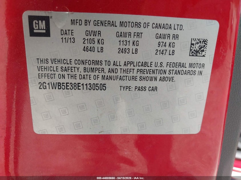 2014 Chevrolet Impala Limited Lt VIN: 2G1WB5E38E1130505 Lot: 44885666