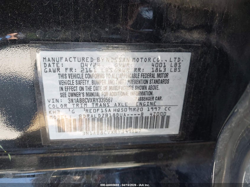 2024 Nissan Sentra Sv Xtronic Cvt VIN: 3N1AB8CVXRY339567 Lot: 44885688