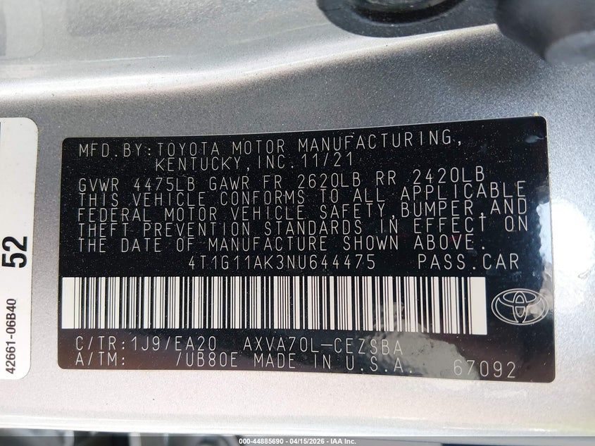 2022 Toyota Camry Se VIN: 4T1G11AK3NU644475 Lot: 44885690