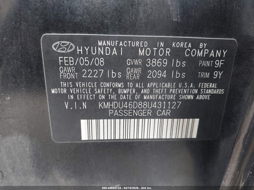 2008 Hyundai Elantra Gls/Se VIN: KMHDU46D88U431127 Lot: 44885724