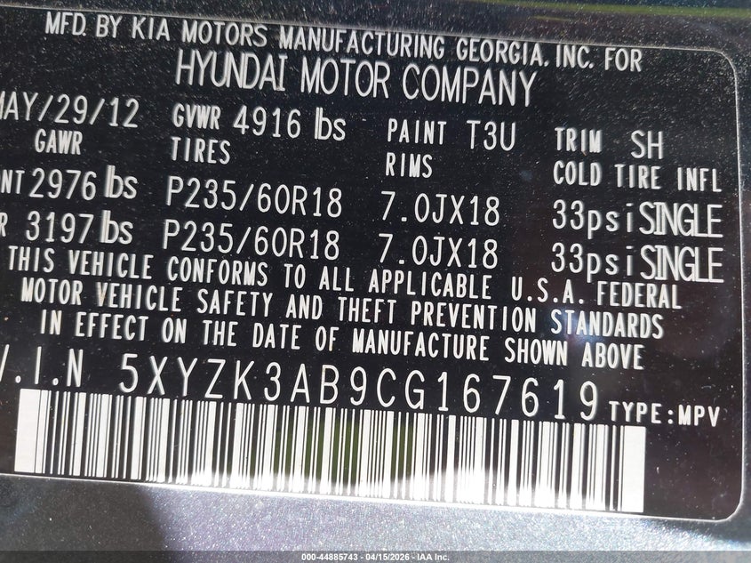 2012 Hyundai Santa Fe Limited VIN: 5XYZK3AB9CG167619 Lot: 44885743