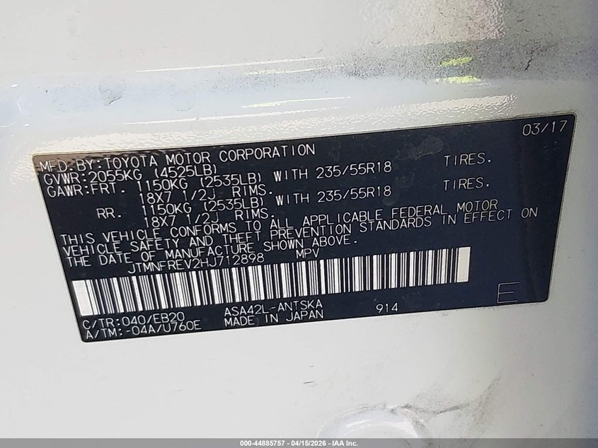 2017 Toyota Rav4 Se VIN: JTMNFREV2HJ712898 Lot: 44885757