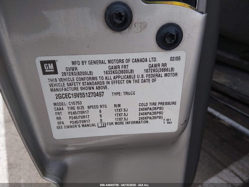 2005 Chevrolet Silverado 1500 Ls VIN: 2GCEC19V551270497 Lot: 44885759