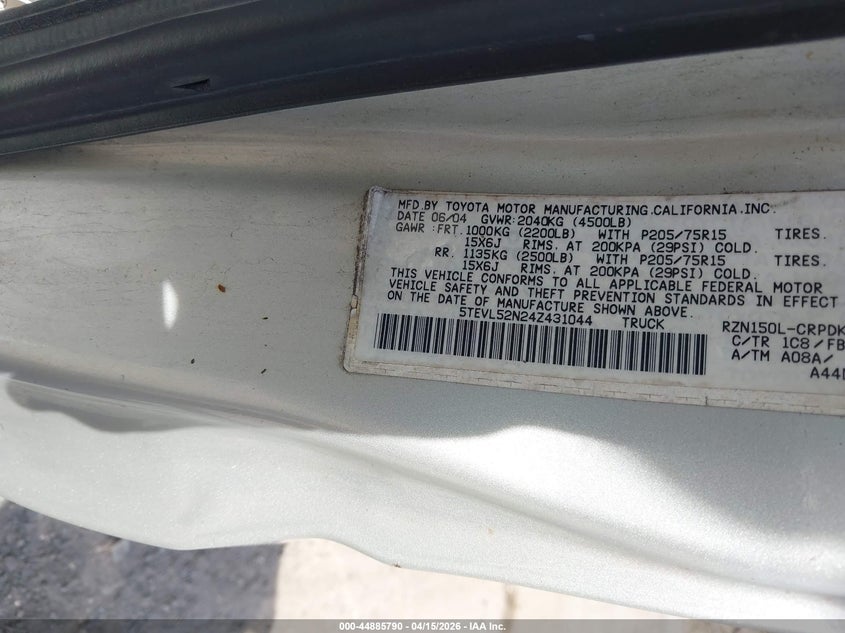 2004 Toyota Tacoma VIN: 5TEVL52N24Z431044 Lot: 44885790