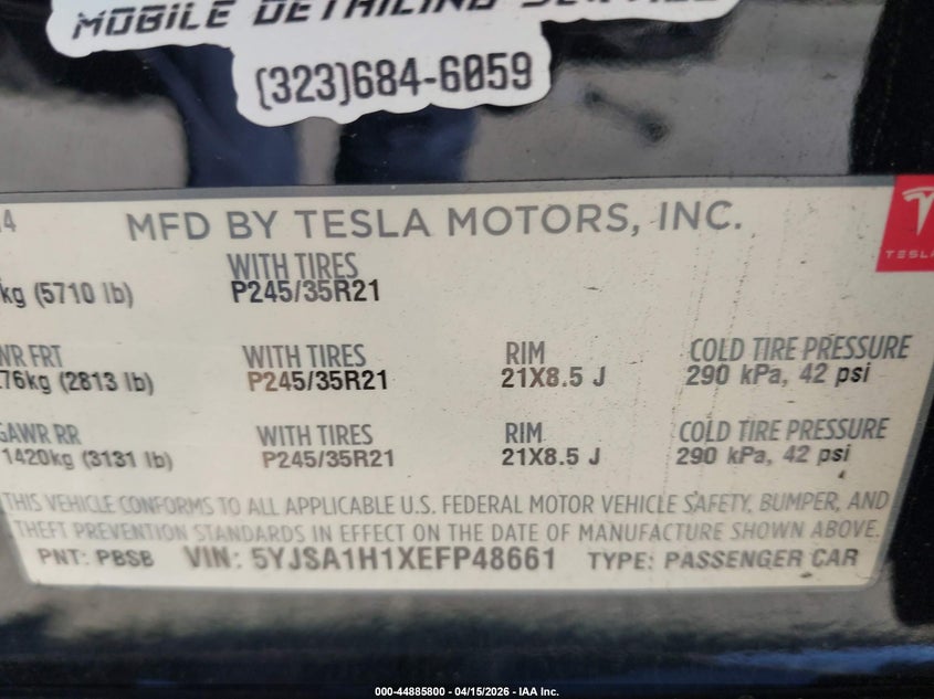 2014 Tesla Model S P85 VIN: 5YJSA1H1XEFP48661 Lot: 44885800