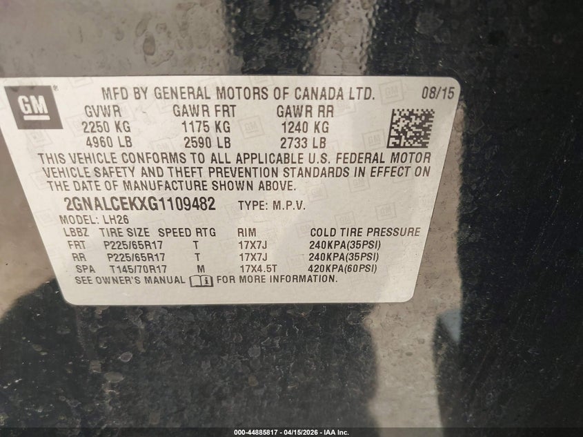 2016 Chevrolet Equinox Lt VIN: 2GNALCEKXG1109482 Lot: 44885817