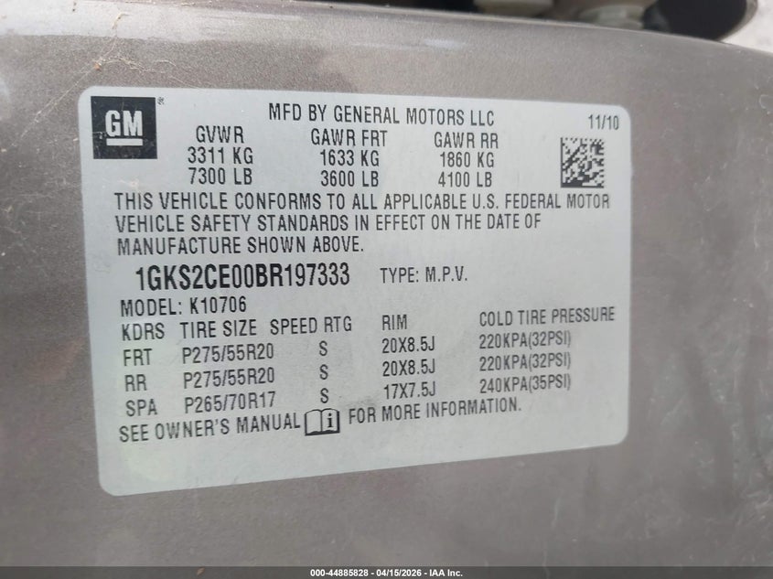 2011 GMC Yukon Slt VIN: 1GKS2CE00BR197333 Lot: 44885828