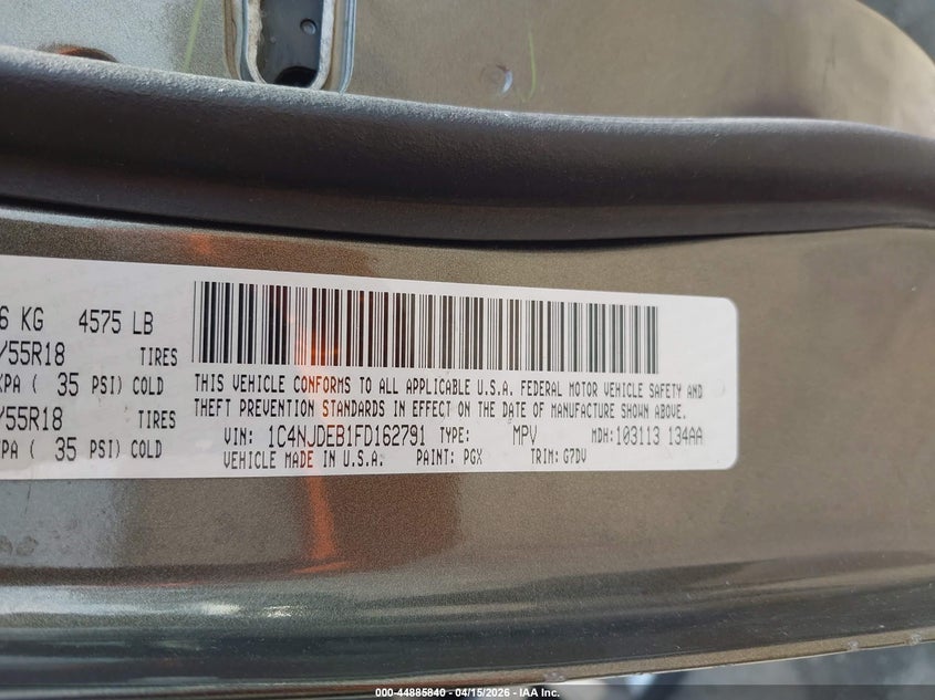 2015 Jeep Compass Latitude VIN: 1C4NJDEB1FD162791 Lot: 44885840