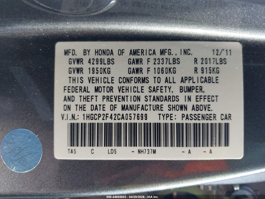 2012 HONDA ACCORD SEDAN 2.4L I-4 DOHC, VVT, 177HP