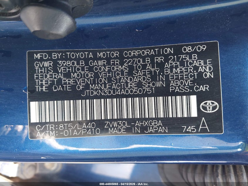 2010 Toyota Prius Iv VIN: JTDKN3DU4A0050751 Lot: 44885865