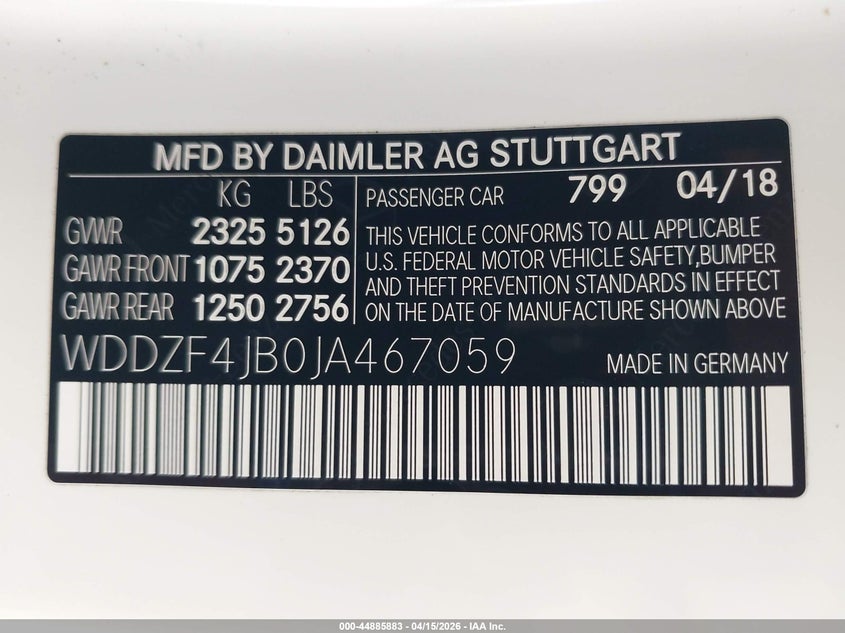 2018 Mercedes-Benz E 300 VIN: WDDZF4JB0JA467059 Lot: 44885883