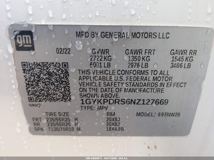 2022 Cadillac Xt6 Awd Premium Luxury VIN: 1GYKPDRS6NZ127669 Lot: 44885911