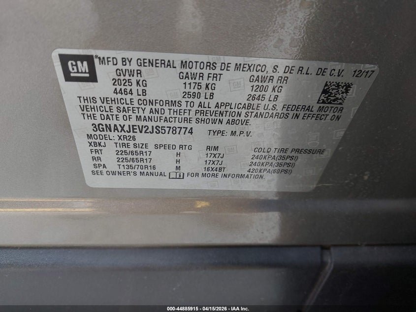 2018 Chevrolet Equinox Lt VIN: 3GNAXJEV2JS578774 Lot: 44885915