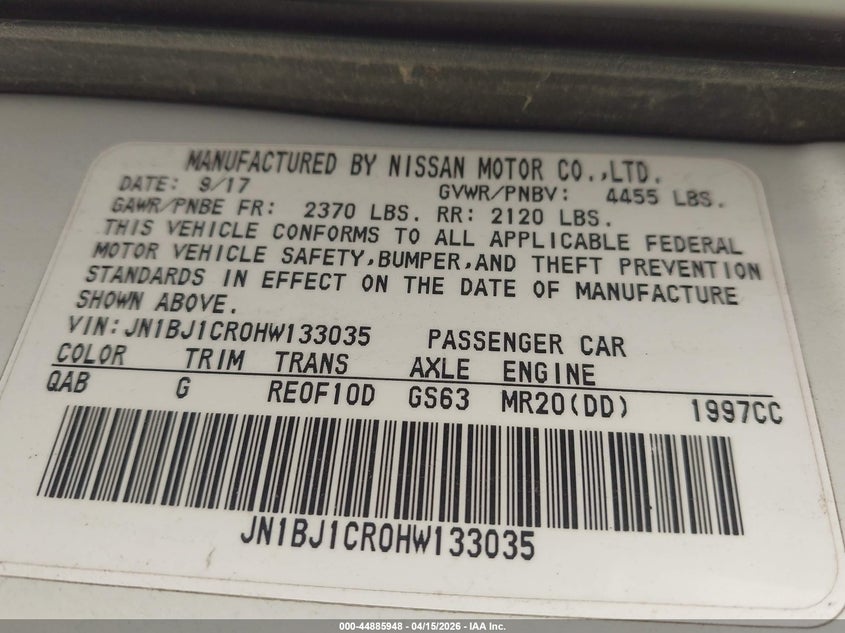 2017 Nissan Rogue Sport Sv VIN: JN1BJ1CR0HW133035 Lot: 44885948