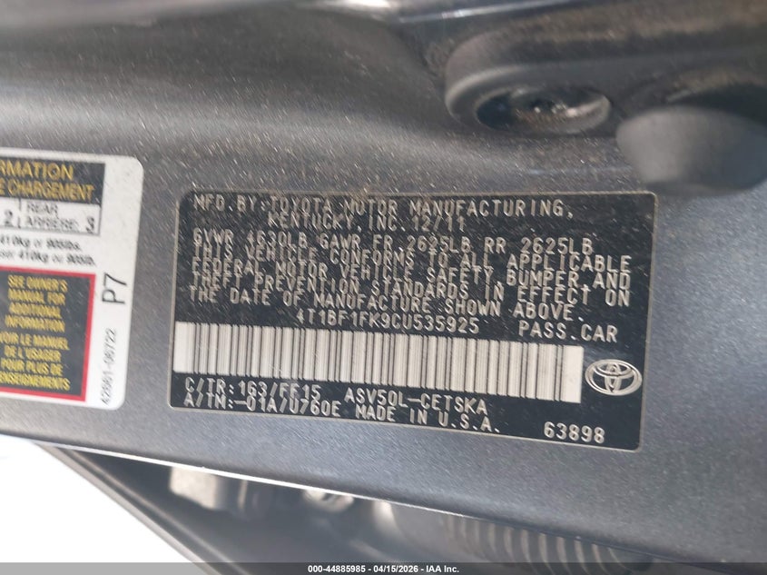 2012 Toyota Camry Se VIN: 4T1BF1FK9CU535925 Lot: 44885985