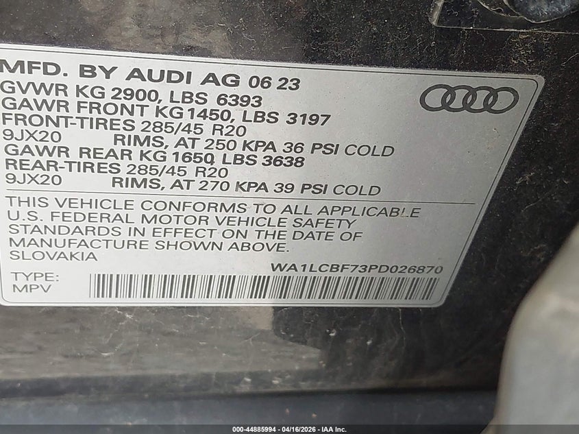 2023 Audi Q7 2.0 Premium Plus 45 Tfsi Quattro Tiptronic black Lot 111044885994 Vin WA1LCBF73PD026870