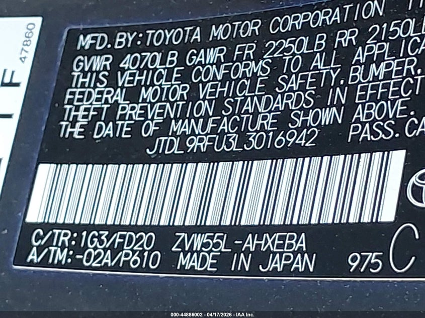 VIN JTDL9RFU3L3016942 2020 TOYOTA PRIUS LE AWD-E