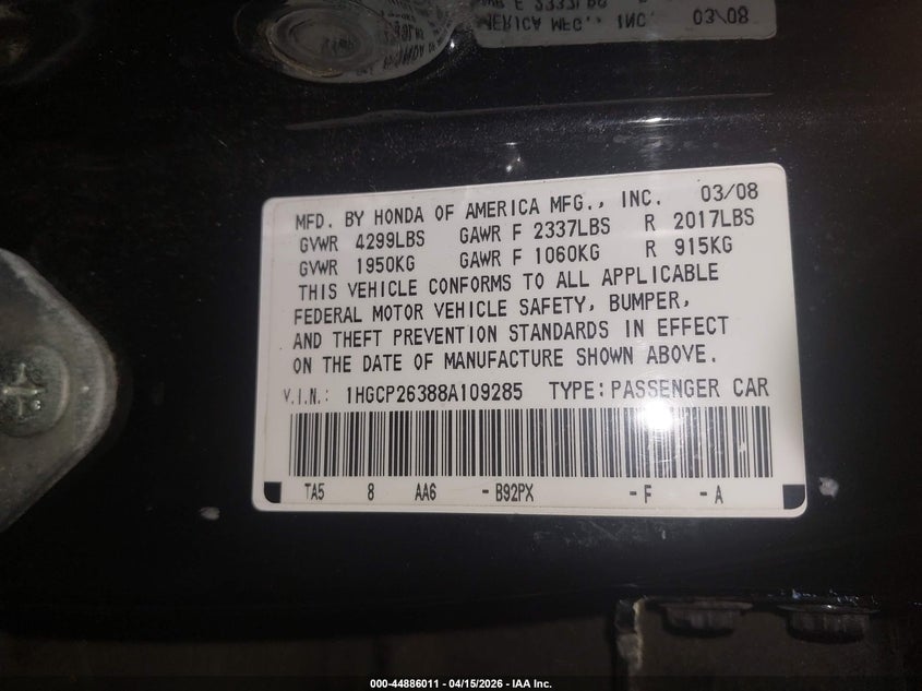 2008 Honda Accord 2.4 Lx VIN: 1HGCP26388A109285 Lot: 44886011
