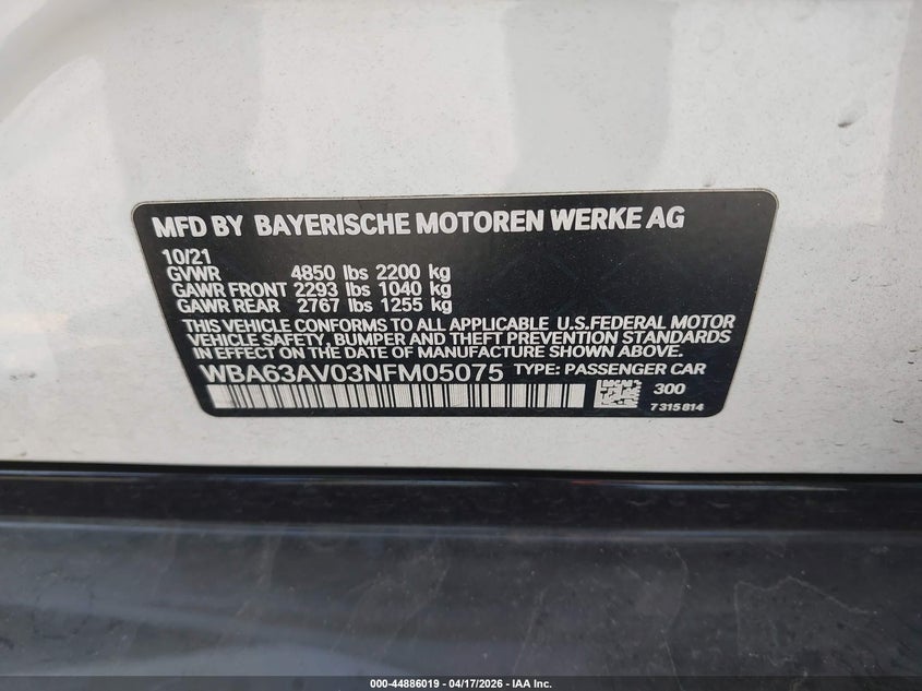 2022 BMW 430I Gran Coupe VIN: WBA63AV03NFM05075 Lot: 44886019