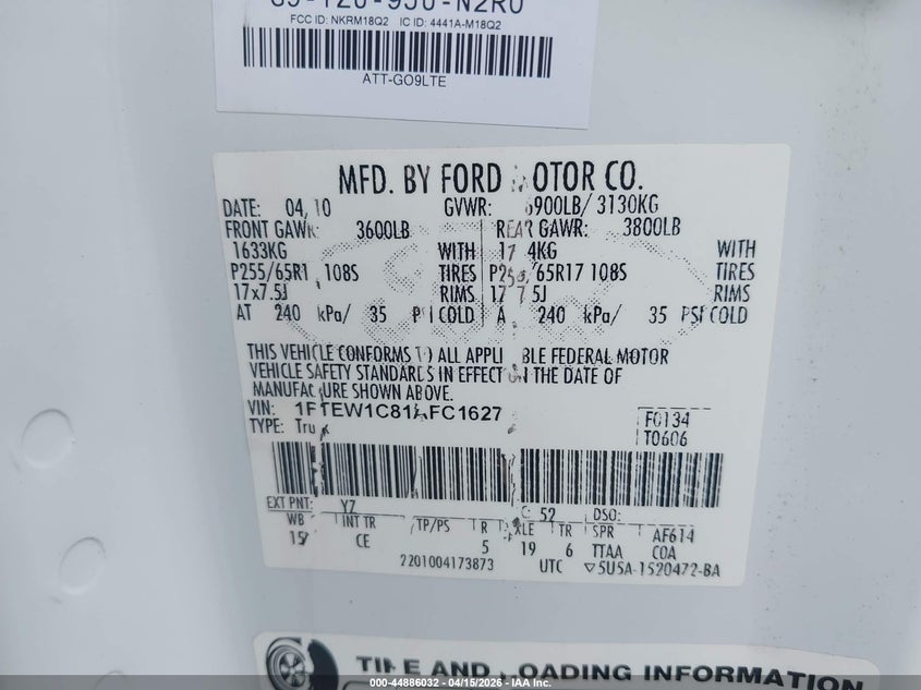 2010 Ford F-150 Fx2 Sport/Xl/Xlt VIN: 1FTEW1C81AFC16272 Lot: 44886032