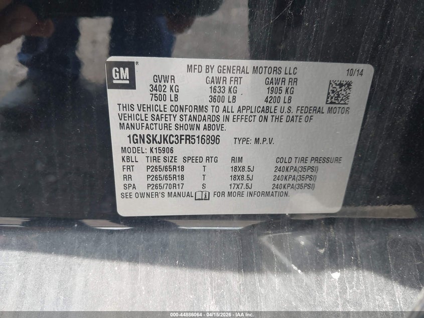 2015 Chevrolet Suburban 1500 Lt VIN: 1GNSKJKC3FR516896 Lot: 44886064