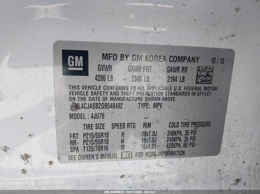 2016 Buick Encore VIN: KL4CJASB2GB548492 Lot: 44886073