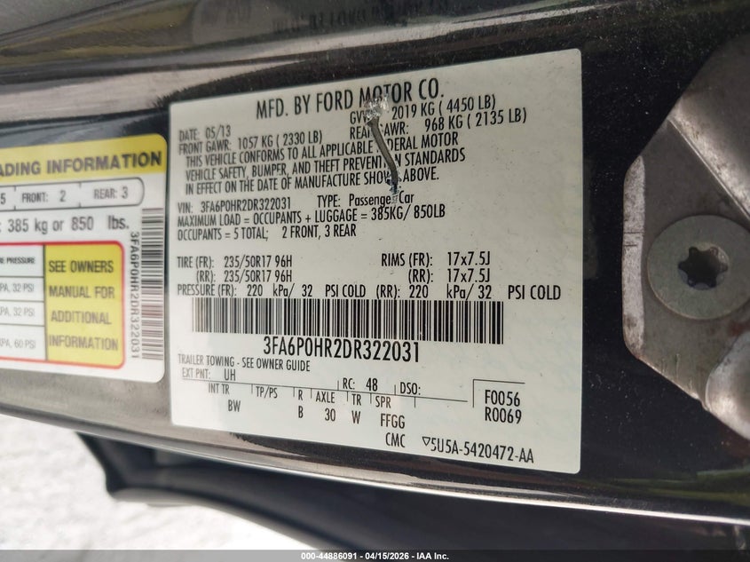 2013 Ford Fusion Se VIN: 3FA6P0HR2DR322031 Lot: 44886091