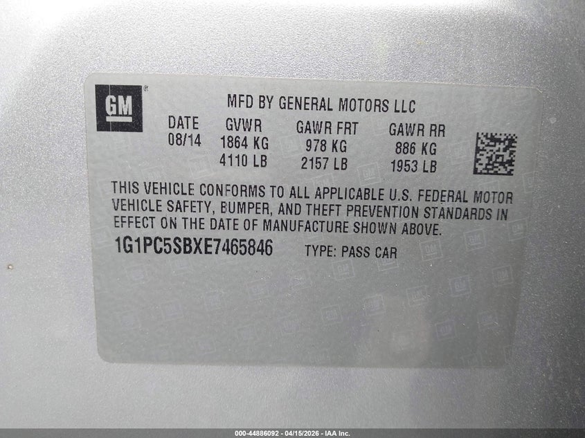 2014 Chevrolet Cruze 1Lt Auto VIN: 1G1PC5SBXE7465846 Lot: 44886092