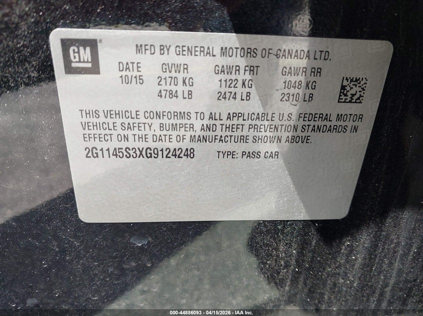 2016 Chevrolet Impala 2Lz VIN: 2G1145S3XG9124248 Lot: 44886093