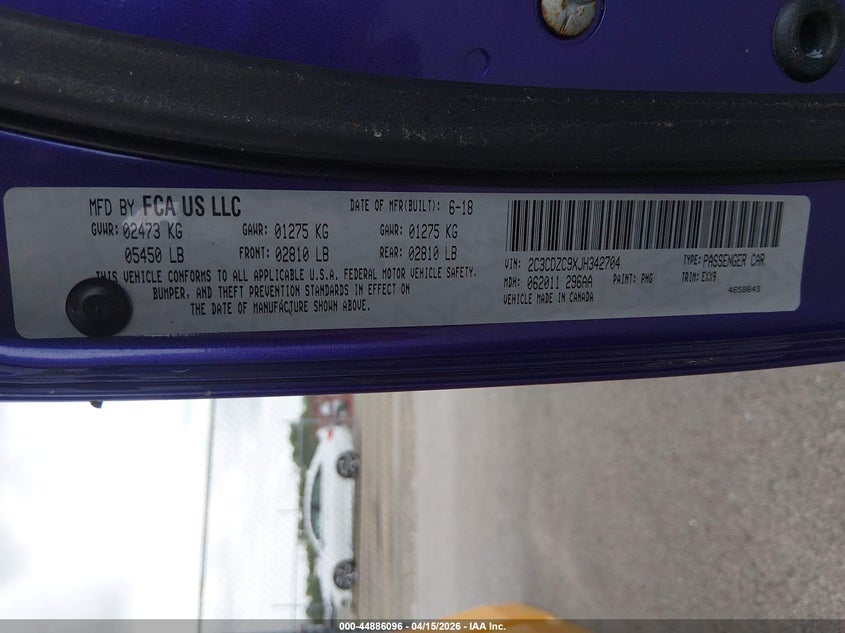 2018 Dodge Challenger Srt Hellcat VIN: 2C3CDZC9XJH342704 Lot: 44886096