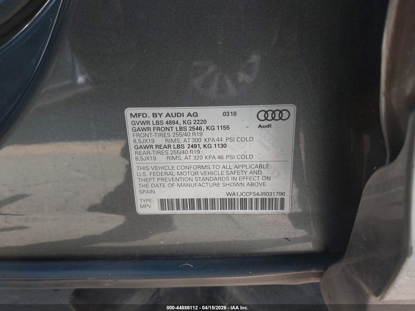 2018 Audi Q3 2.0T Premium/2.0T Sport Premium VIN: WA1JCCFS4JR031796 Lot: 44886112