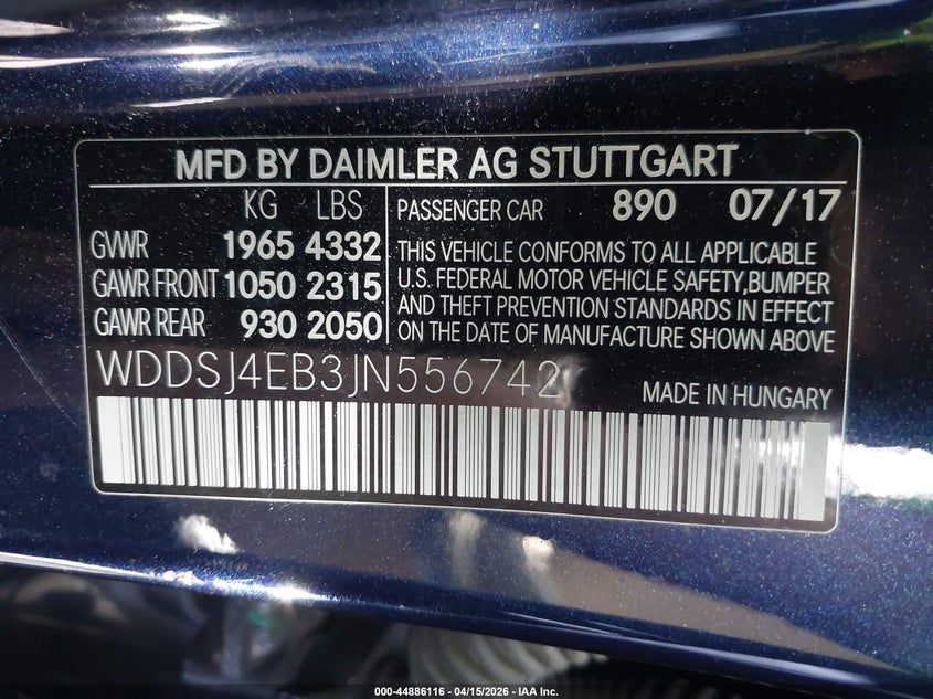 2018 Mercedes-Benz Cla 250 VIN: WDDSJ4EB3JN556742 Lot: 44886116