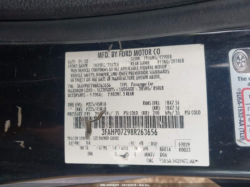 2008 Ford Fusion Se VIN: 3FAHP07Z98R263656 Lot: 44886205