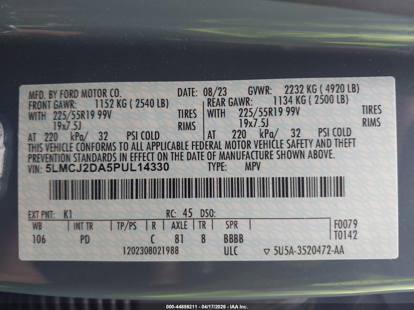 2023 Lincoln Corsair Reserve VIN: 5LMCJ2DA5PUL14330 Lot: 44886211