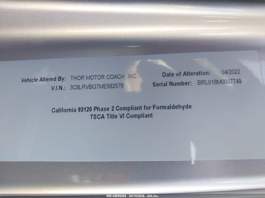 2021 Ram Promaster 1500 High Roof 136 Wb VIN: 3C6LRVBG7ME582578 Lot: 44886268