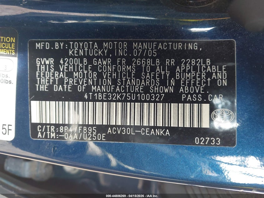 2005 Toyota Camry Le VIN: 4T1BE32K75U100327 Lot: 44886269