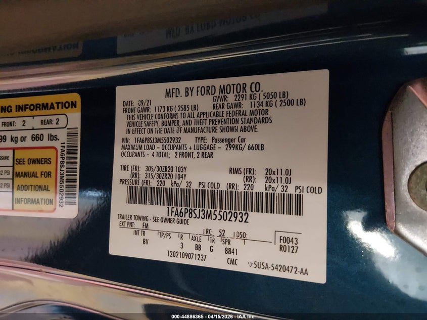 2021 Ford Mustang Shelby Gt500 Fastback VIN: 1FA6P8SJ3M5502932 Lot: 44886365