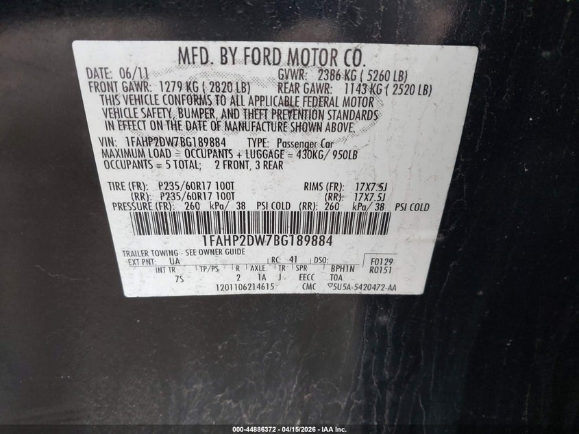 2011 Ford Taurus Se VIN: 1FAHP2DW7BG189884 Lot: 44886372