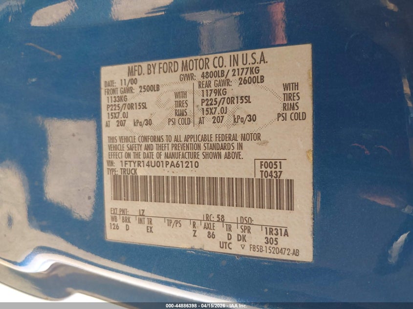 2001 Ford Ranger Edge/Xl/Xlt VIN: 1FTYR14U01PA61210 Lot: 44886398