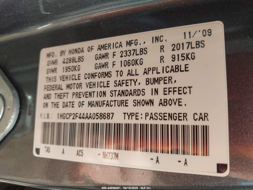 2010 Honda Accord 2.4 Lx-P VIN: 1HGCP2F44AA058687 Lot: 44886401