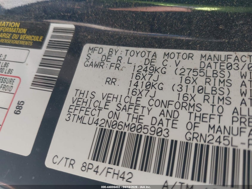 2006 Toyota Tacoma Base V6 VIN: 3TMLU42N06M005903 Lot: 44886402